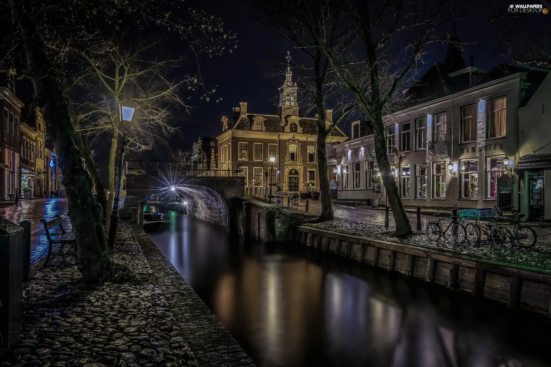 Town, bridge, Night