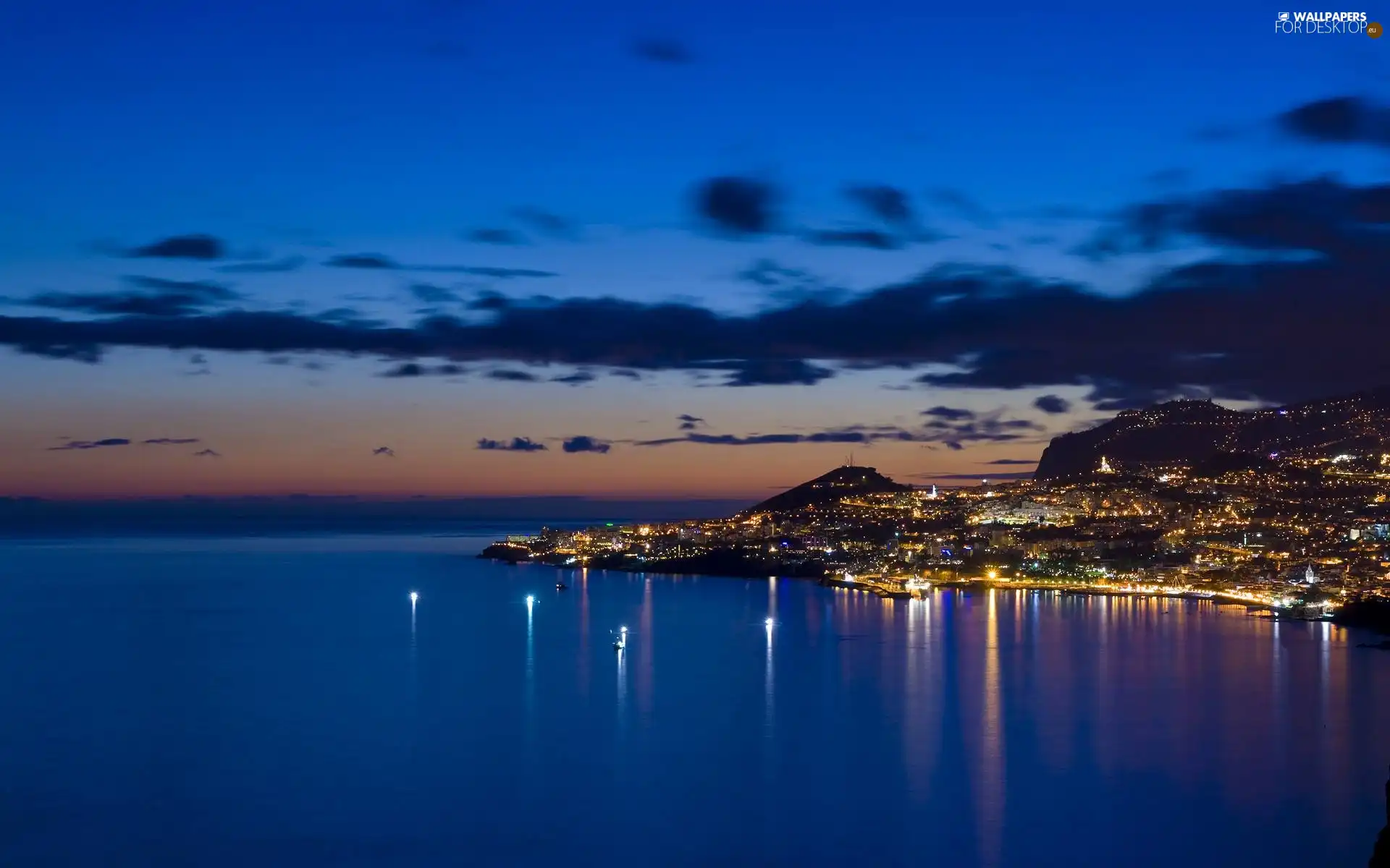 Town, Night, Gulf, sea, Funchal