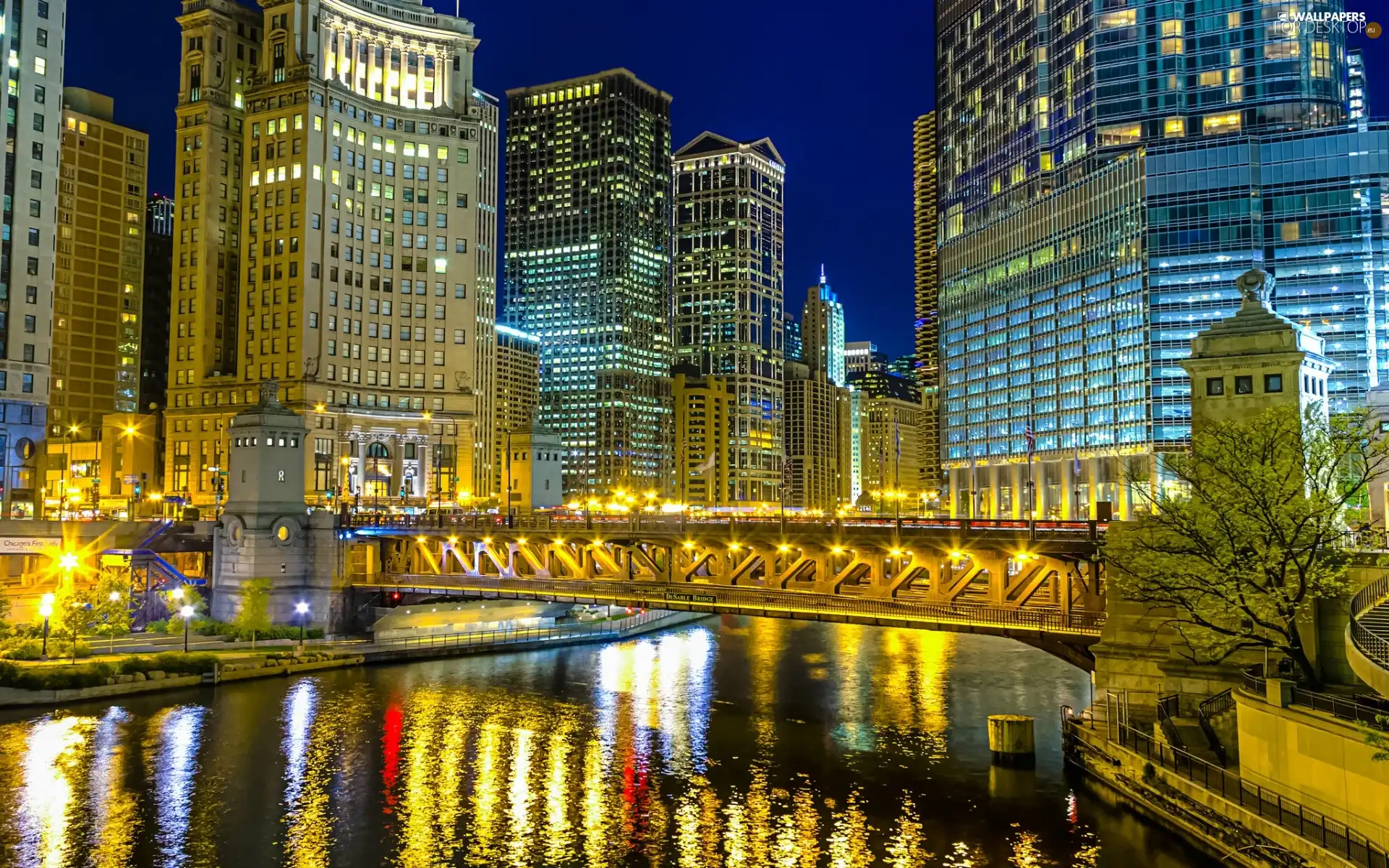 town, Night, bridge, panorama, River