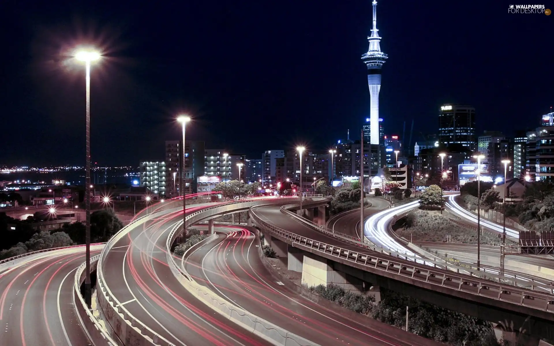 Town, night, Bridges, light, roads