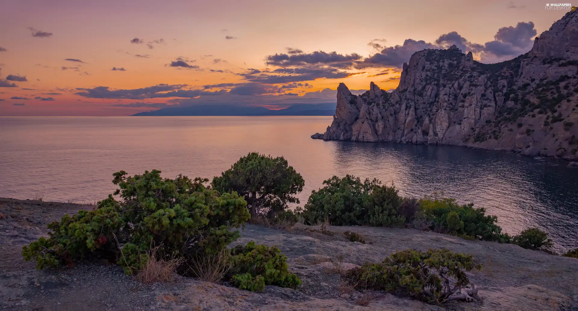 viewes, rocks, clouds, trees, sea, Bush, Sunrise