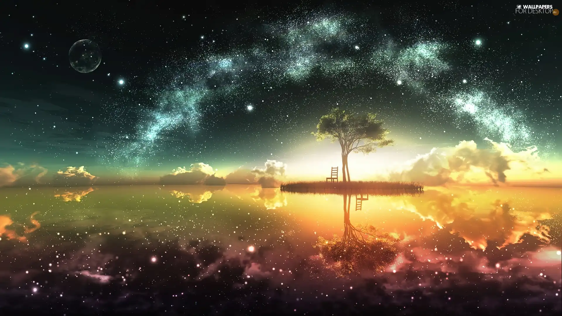fantasy, star, trees, Sky