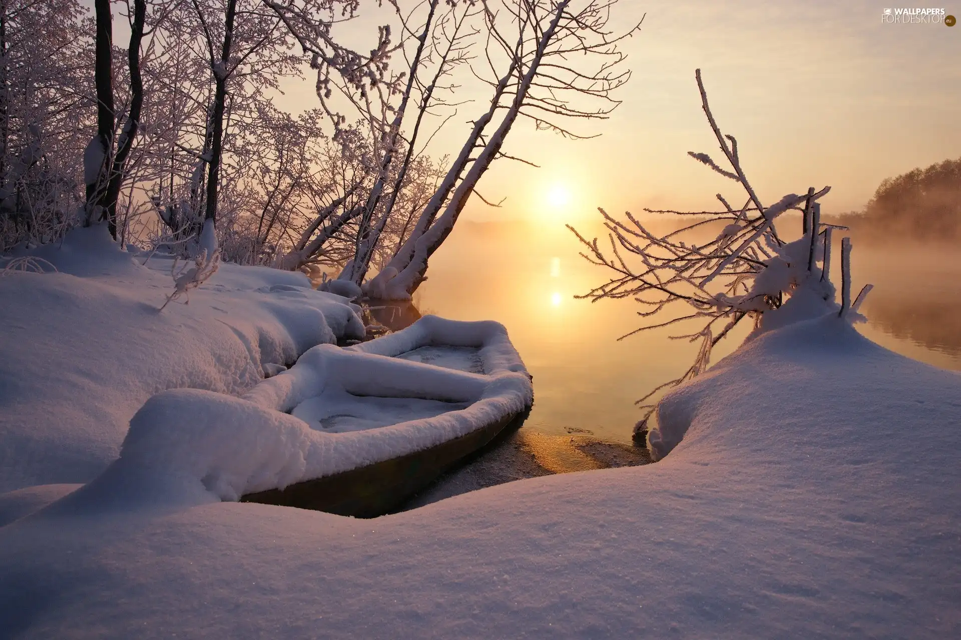 Sunrise, lake, viewes, Boat, winter, trees, Fog