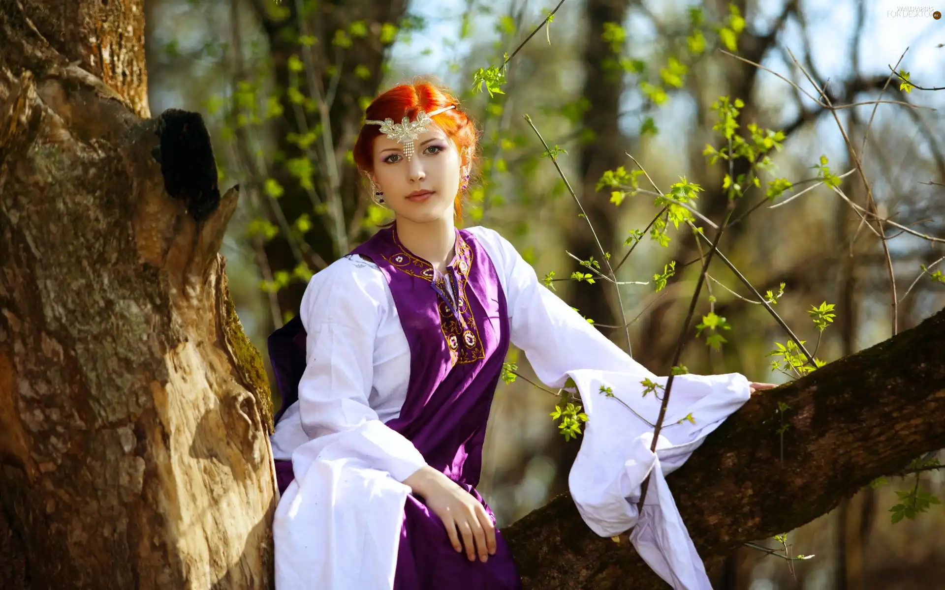 trees, forest, girl, Diadem, Beauty