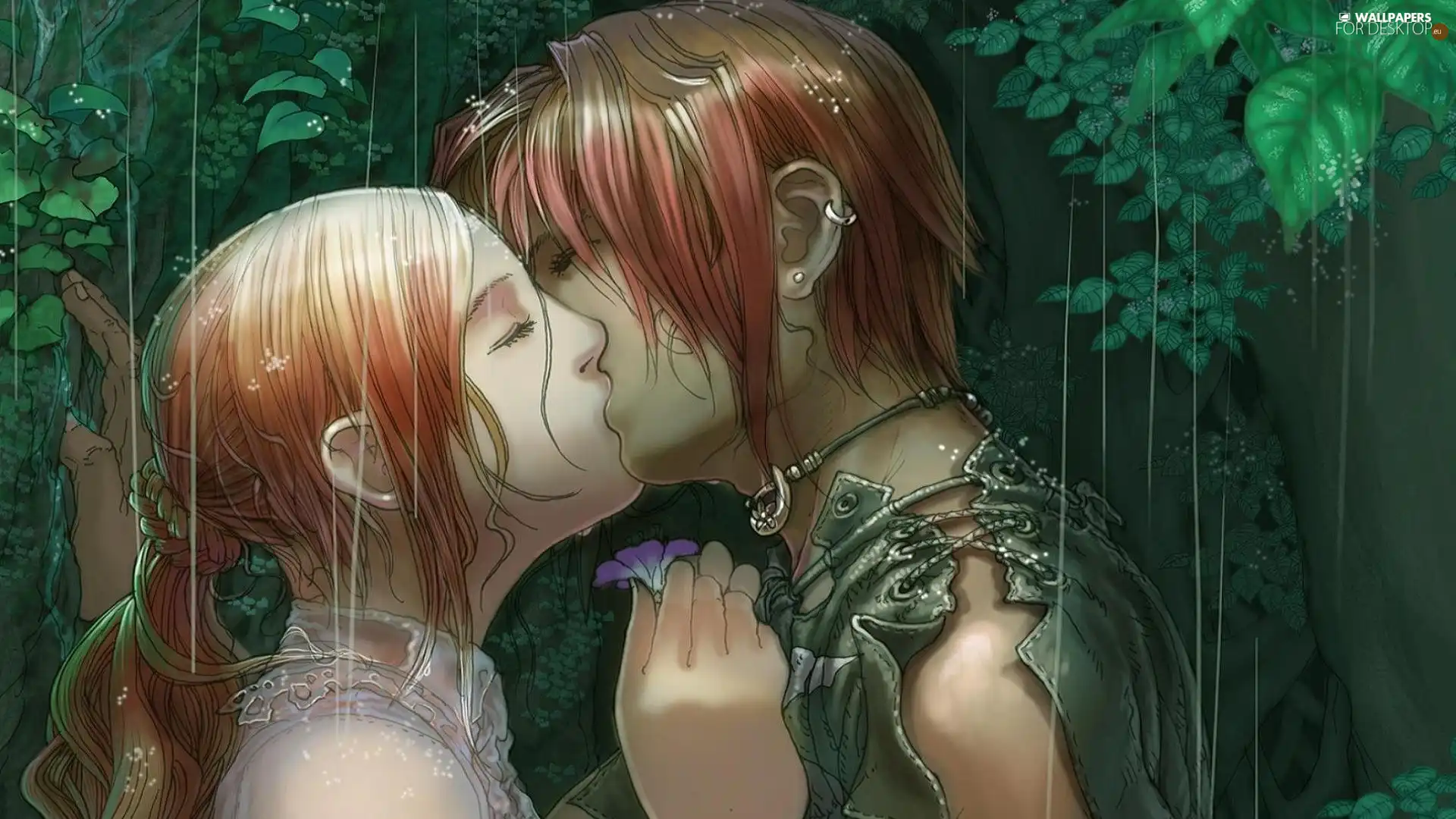 girl, kiss, trees, boy