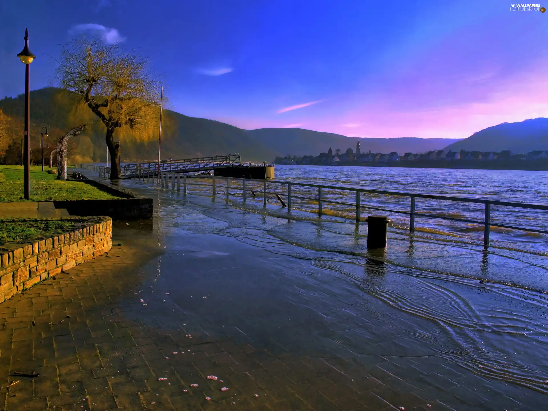 trees, Mountains, fence, Pavement, River