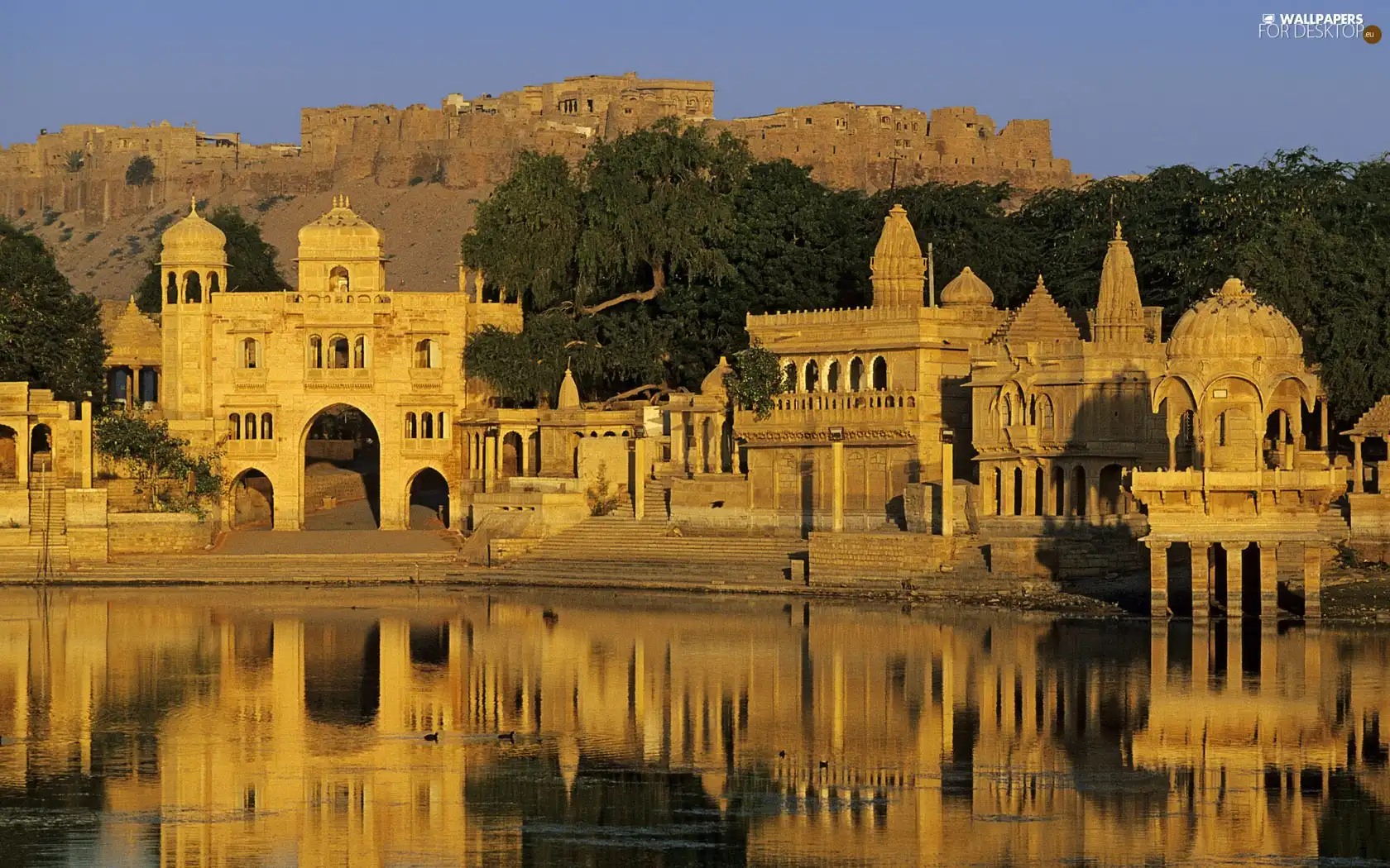 trees, viewes, structures, lake, Ancient