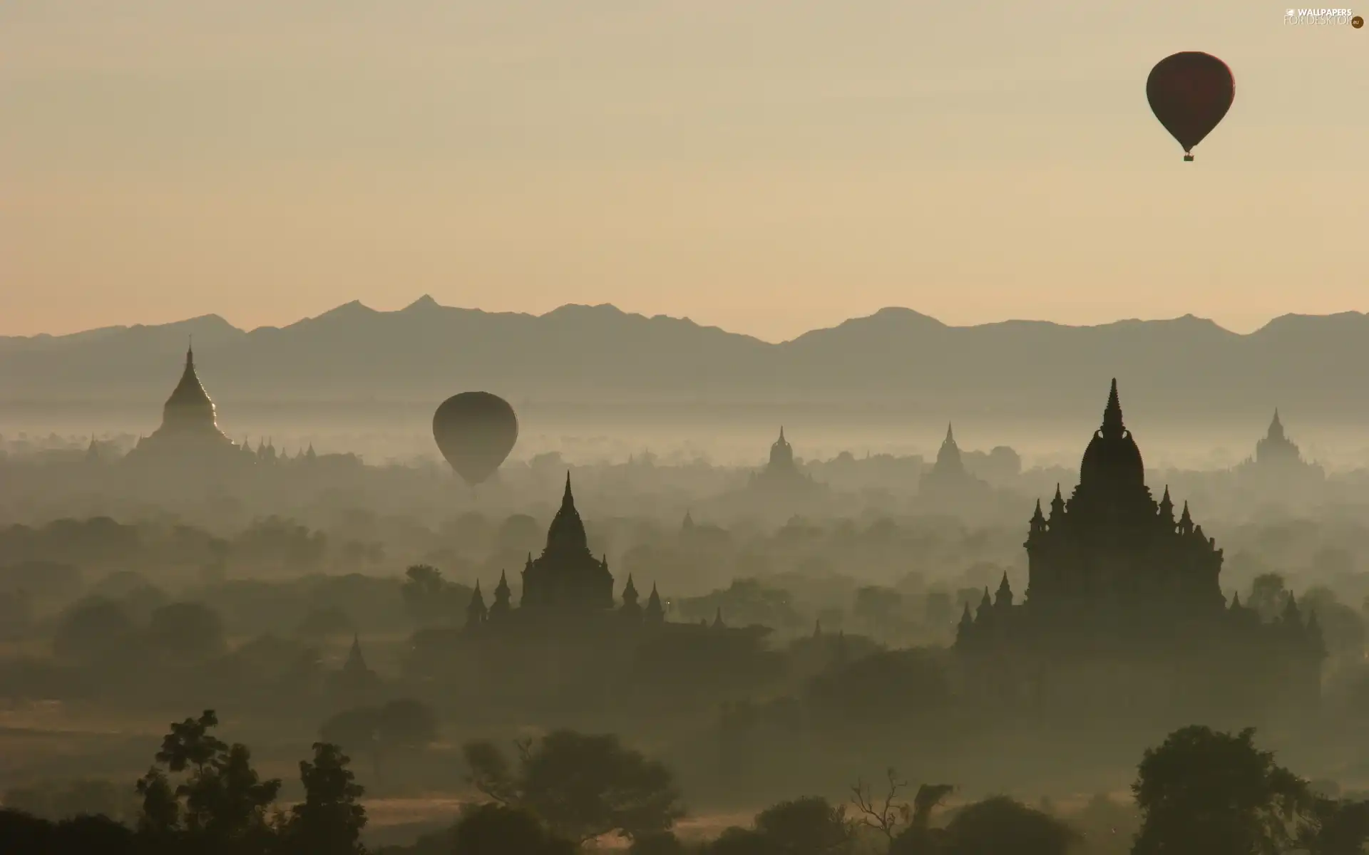 trees, viewes, Fog, Balloons, buildings