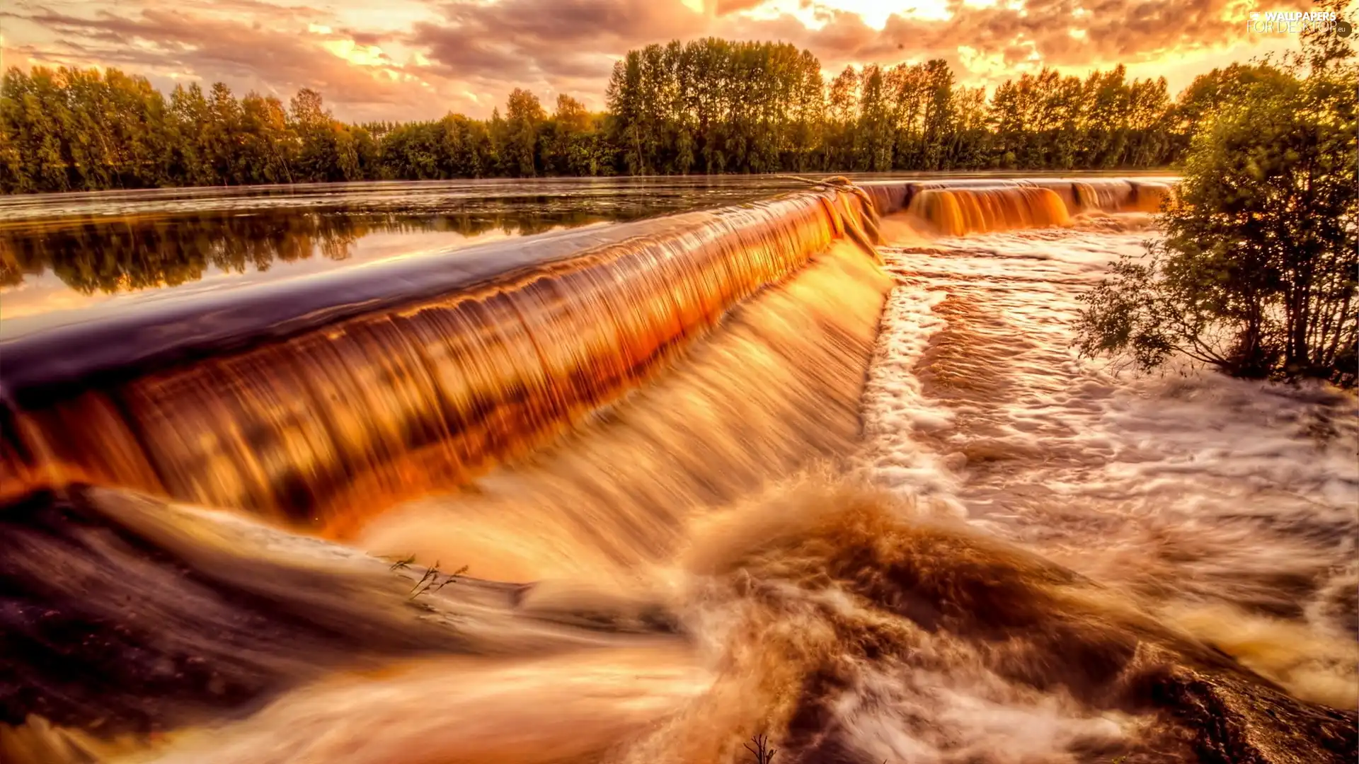 ligh, waterfall, viewes, flash, clouds, River, trees, luminosity, sun, Przebijające