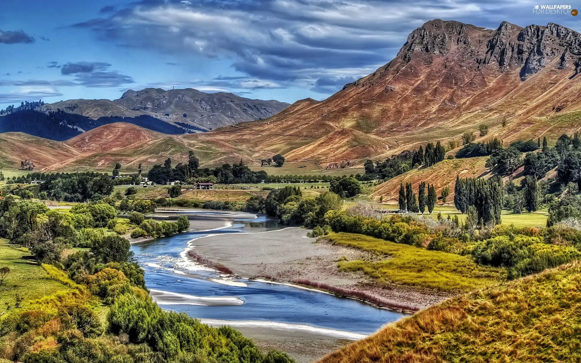 trees, viewes, Mountains, River, clouds