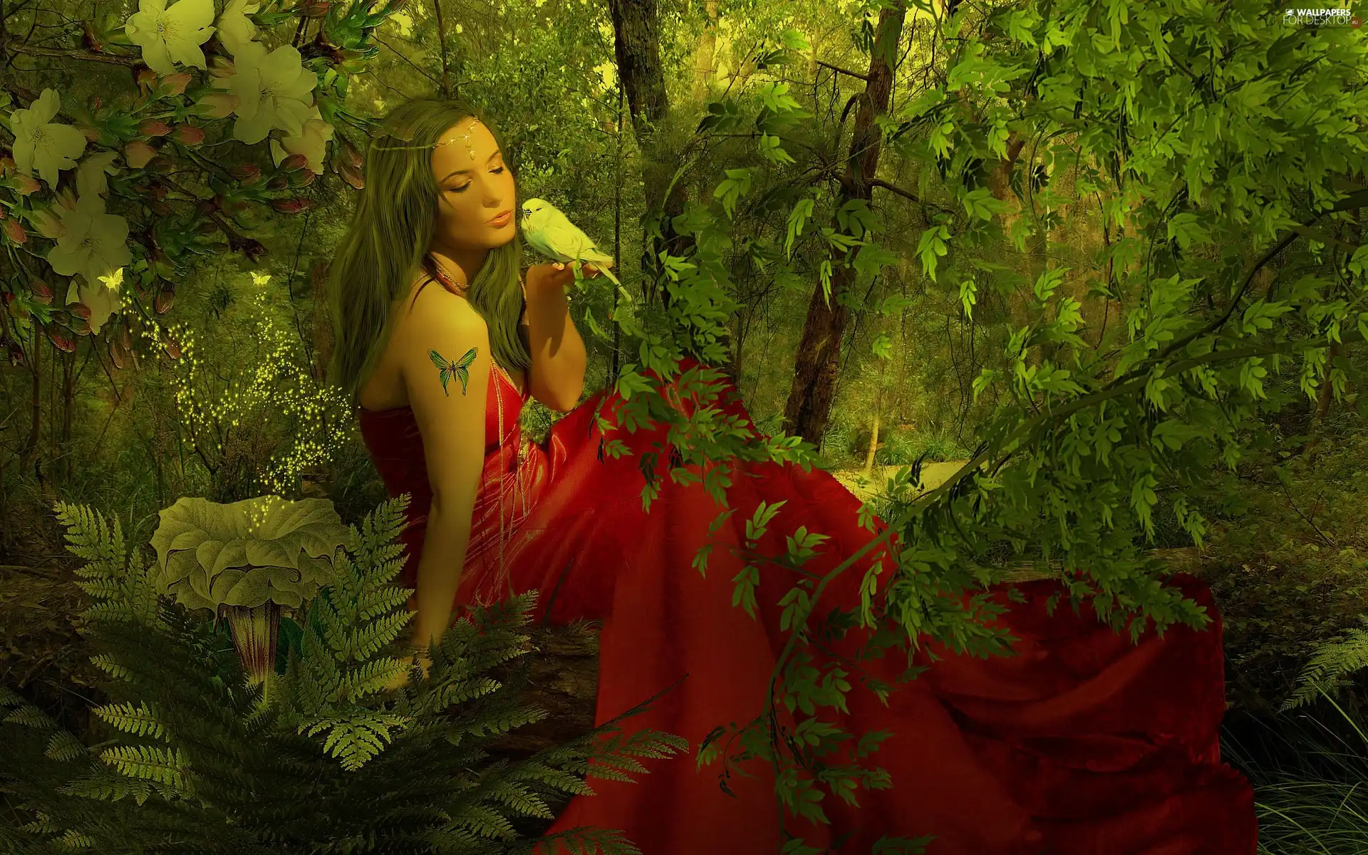trees, viewes, Tattoo, Bird, girl