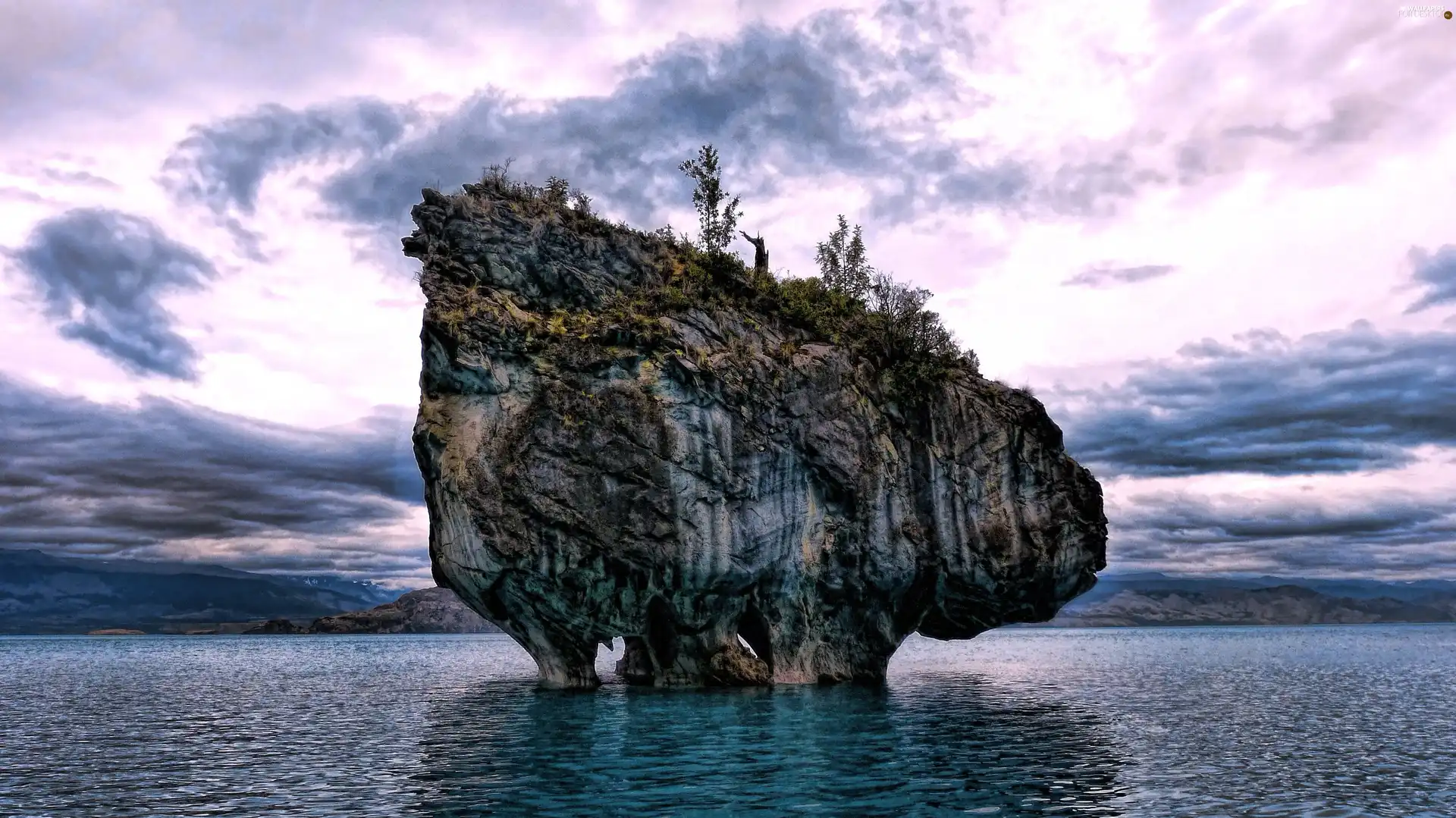 trees, viewes, Island, Rocks, lake