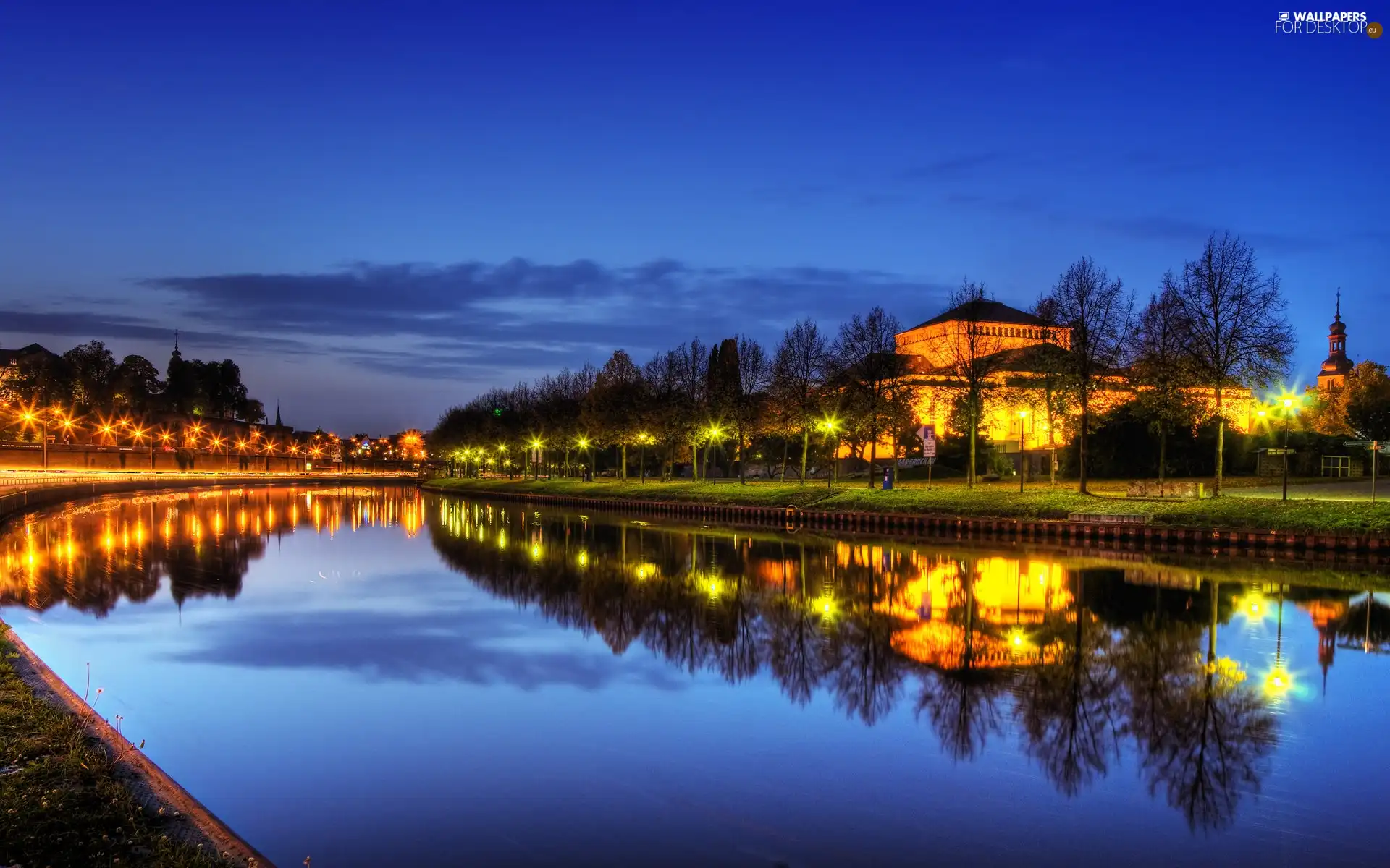 Park, Saarbrucken, trees, viewes, lanterns, River