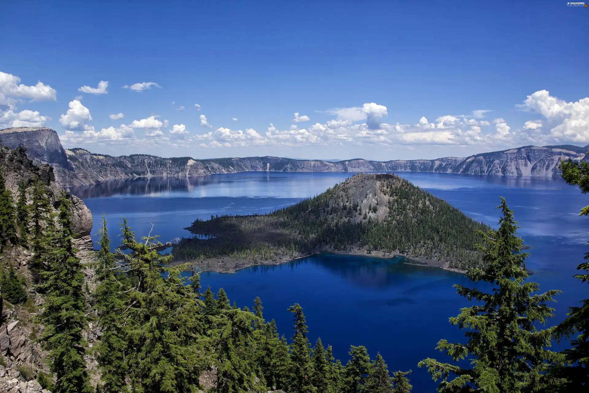 Island, Canada, trees, viewes, Mountains, lake