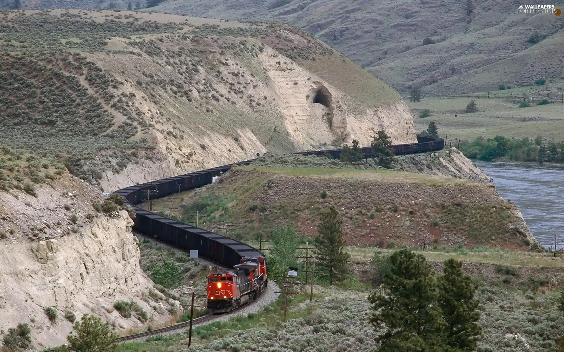 trees, viewes, River, Train, Mountains