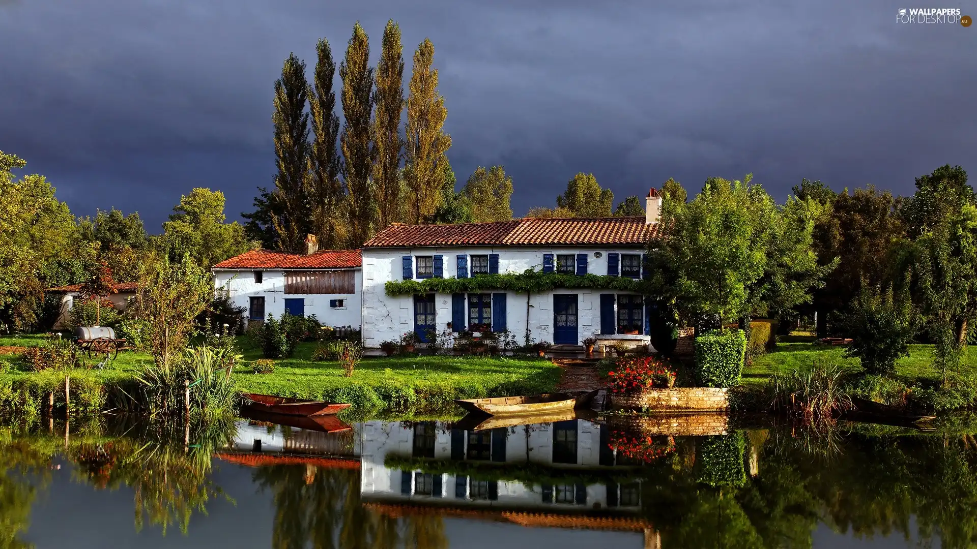 trees, viewes, Boats, Home, River