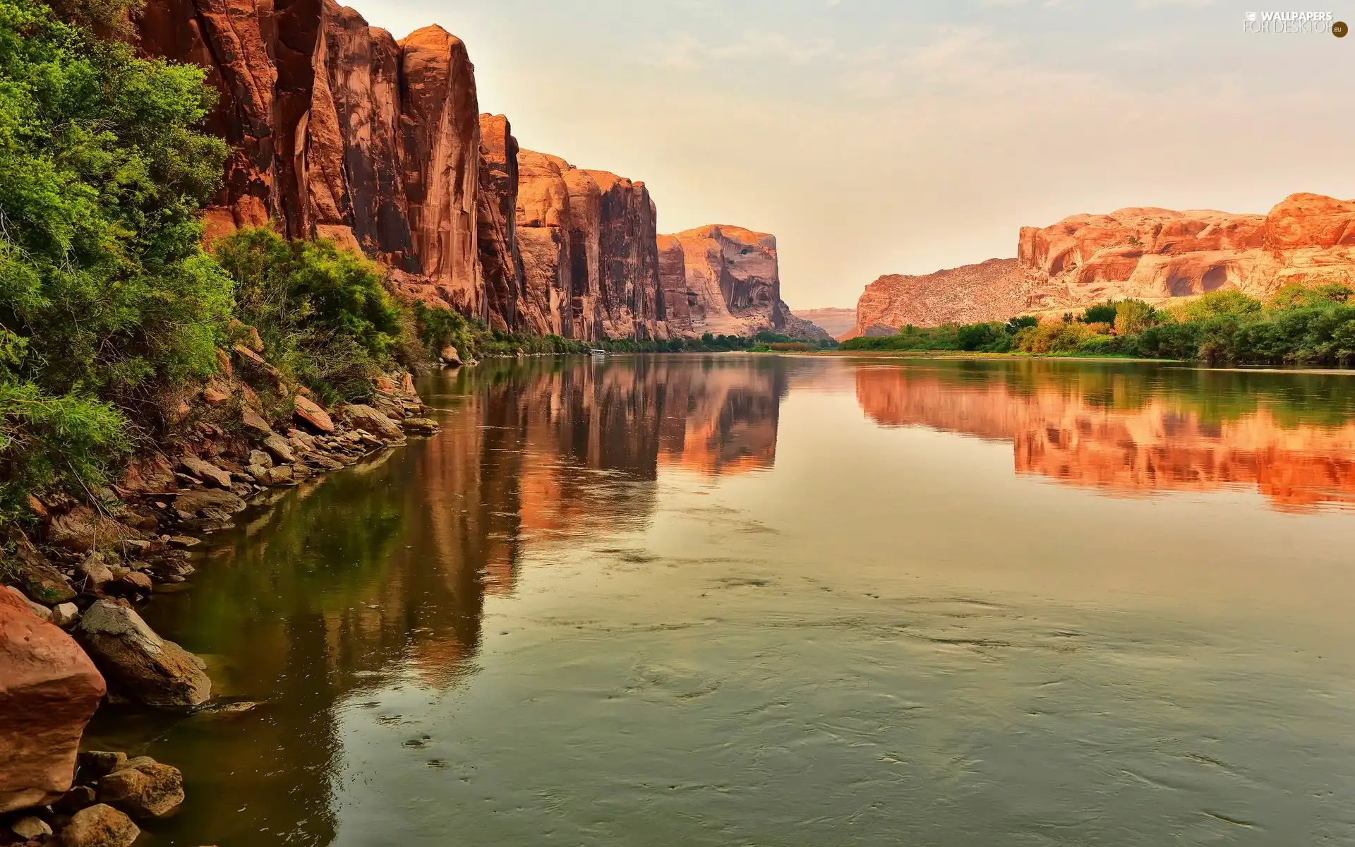 trees, viewes, rocks, Mountains, River