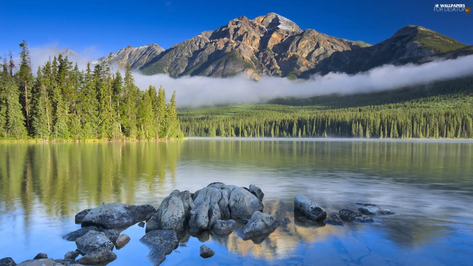 water, Mountains, trees, viewes, Stones, Fog