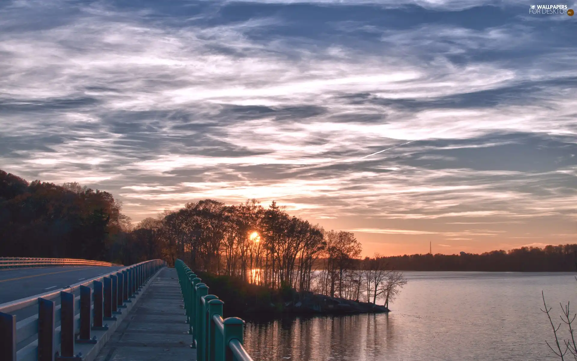 trees, viewes, lake, Great Sunsets, bridge