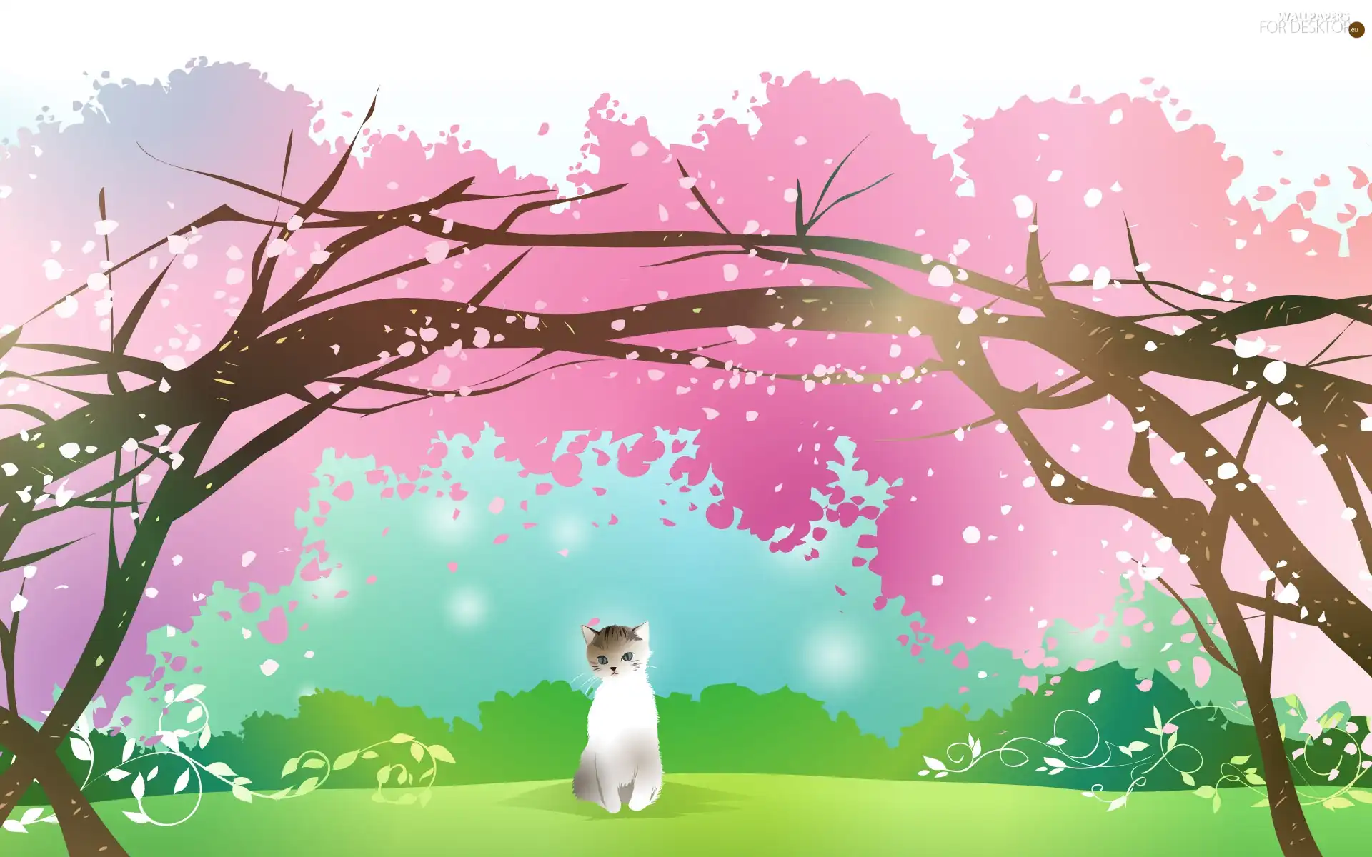 trees, viewes, cat, flourishing, White