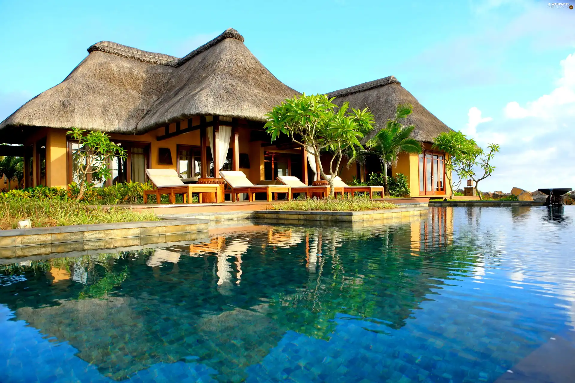 Tropical, holiday, Pool, deck chair, Hotel hall