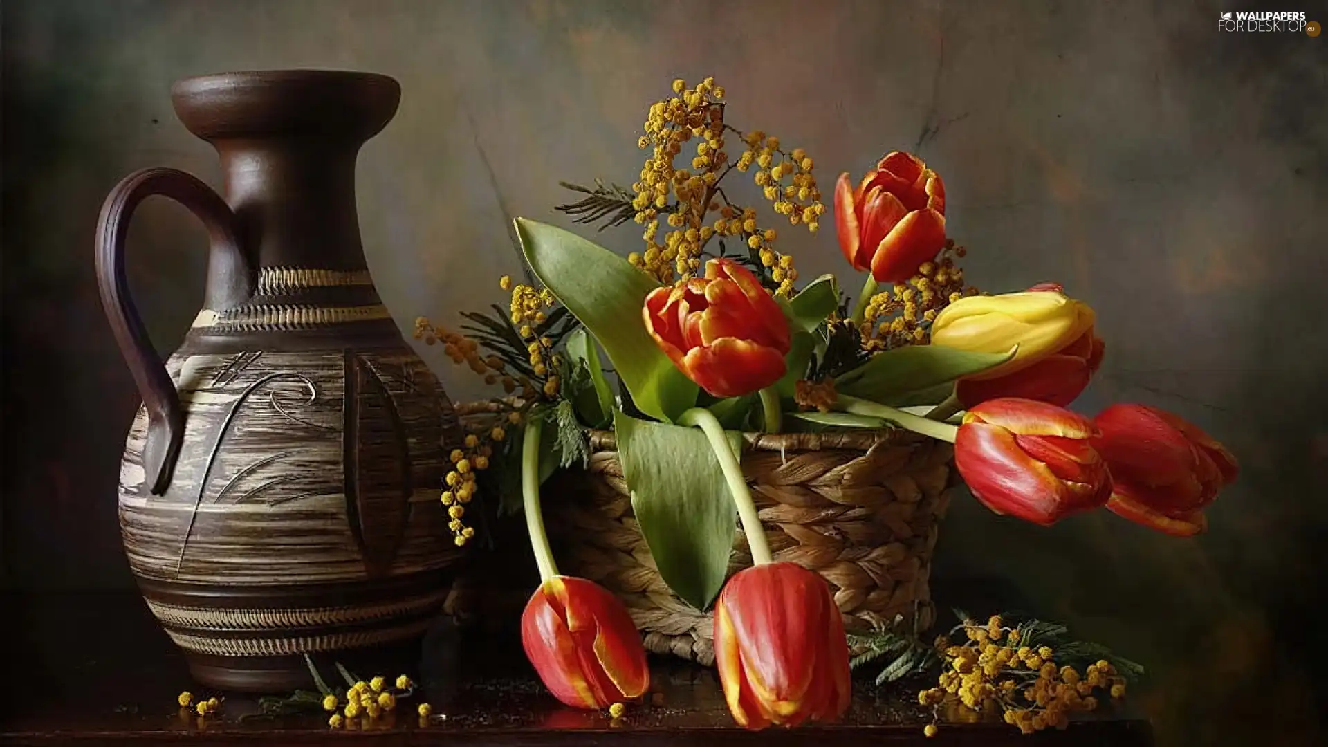 earthen, basket, Tulips, pitcher