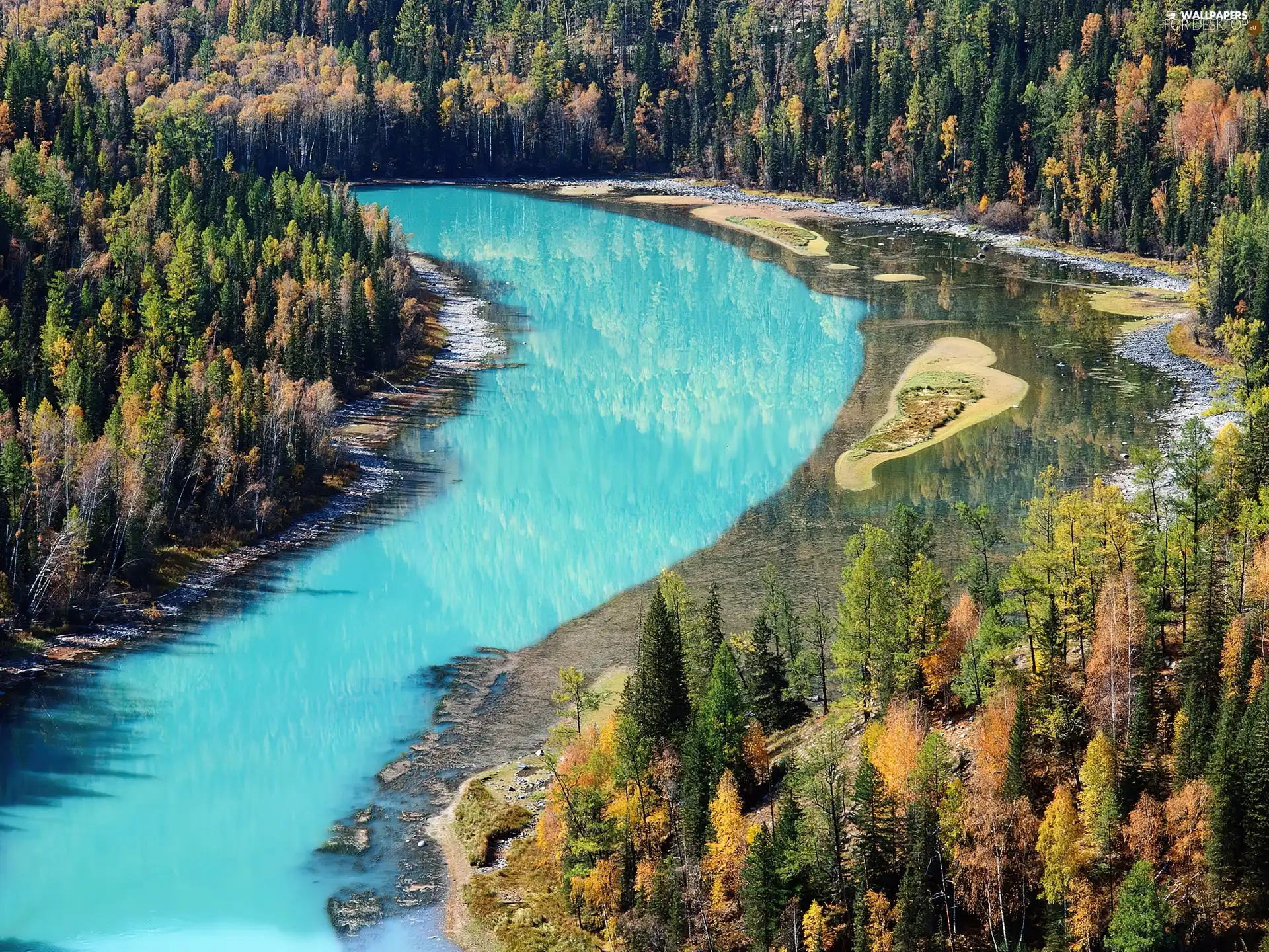 turquoise, River, Autumn, forest, landscape