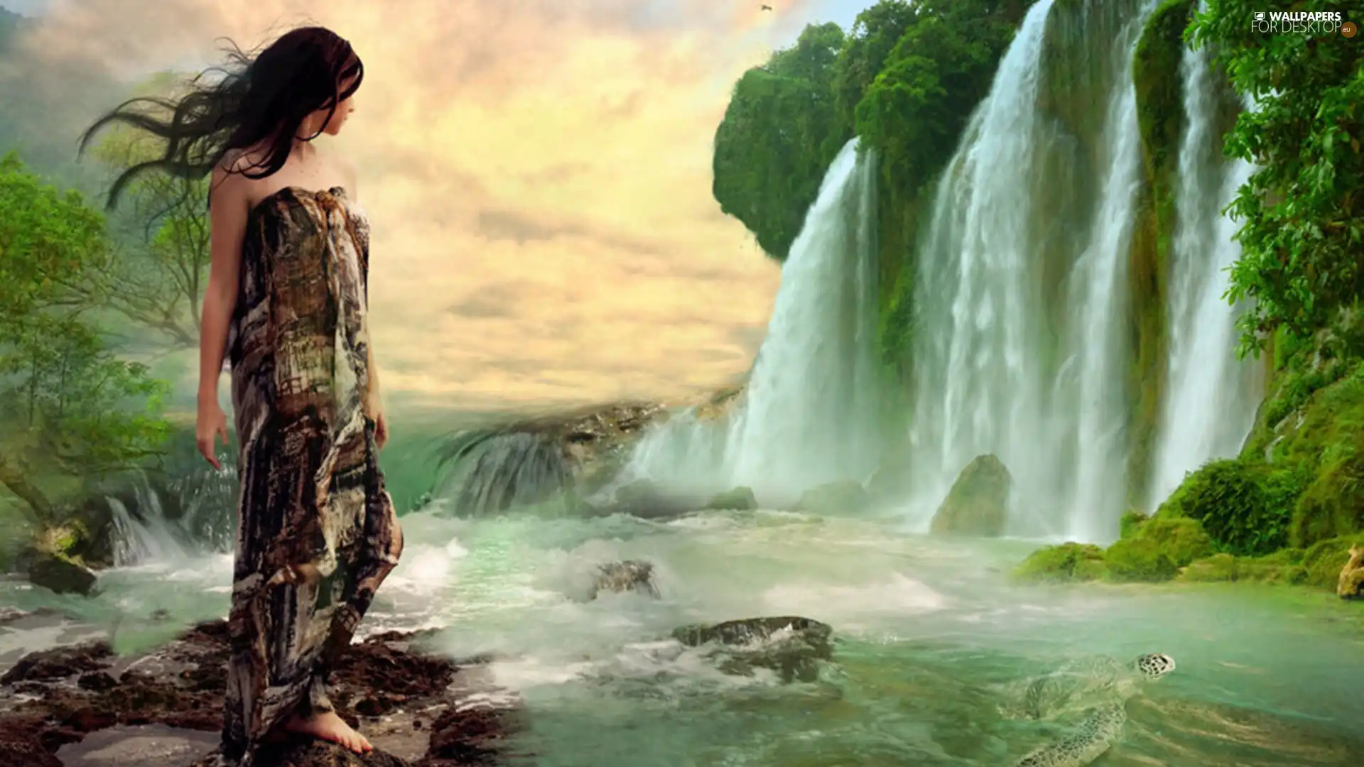 turtle, girl, waterfall