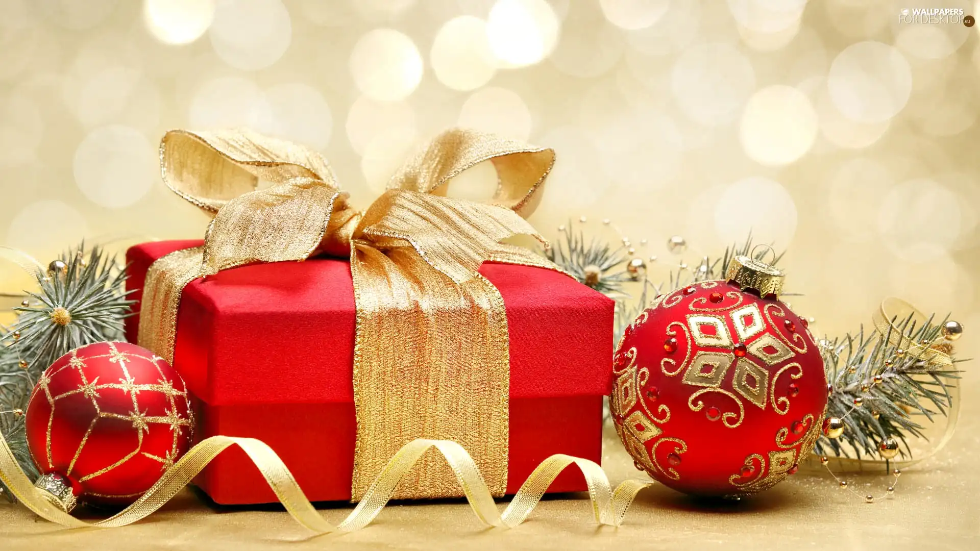 Red, Christmas, ribbon, Twigs, baubles, Present