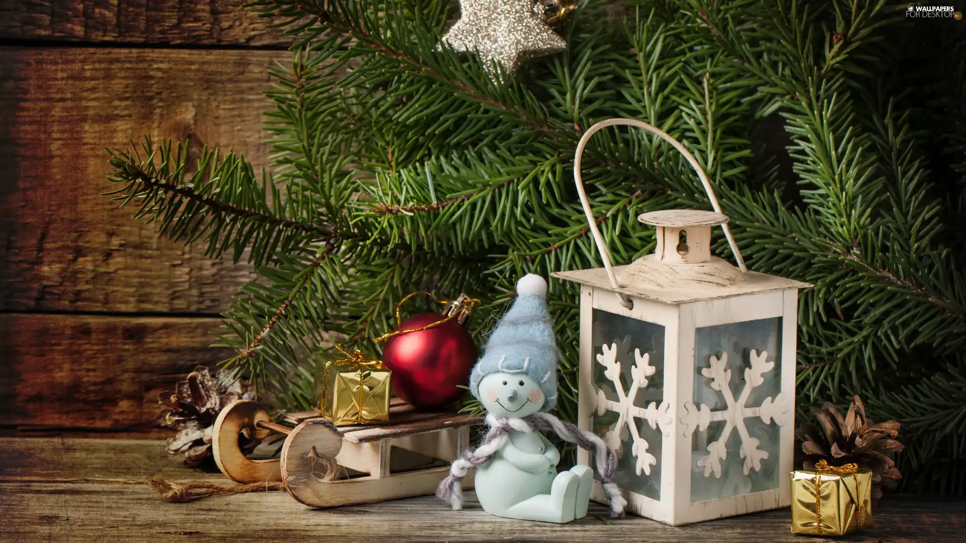 Christmas, composition, Twigs, spruce, Snowman, gifts, sledge, lantern, bauble
