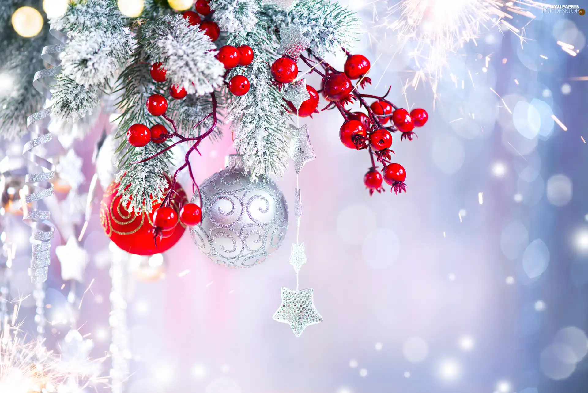 Twigs, snow, Christmas, baubles, decoration