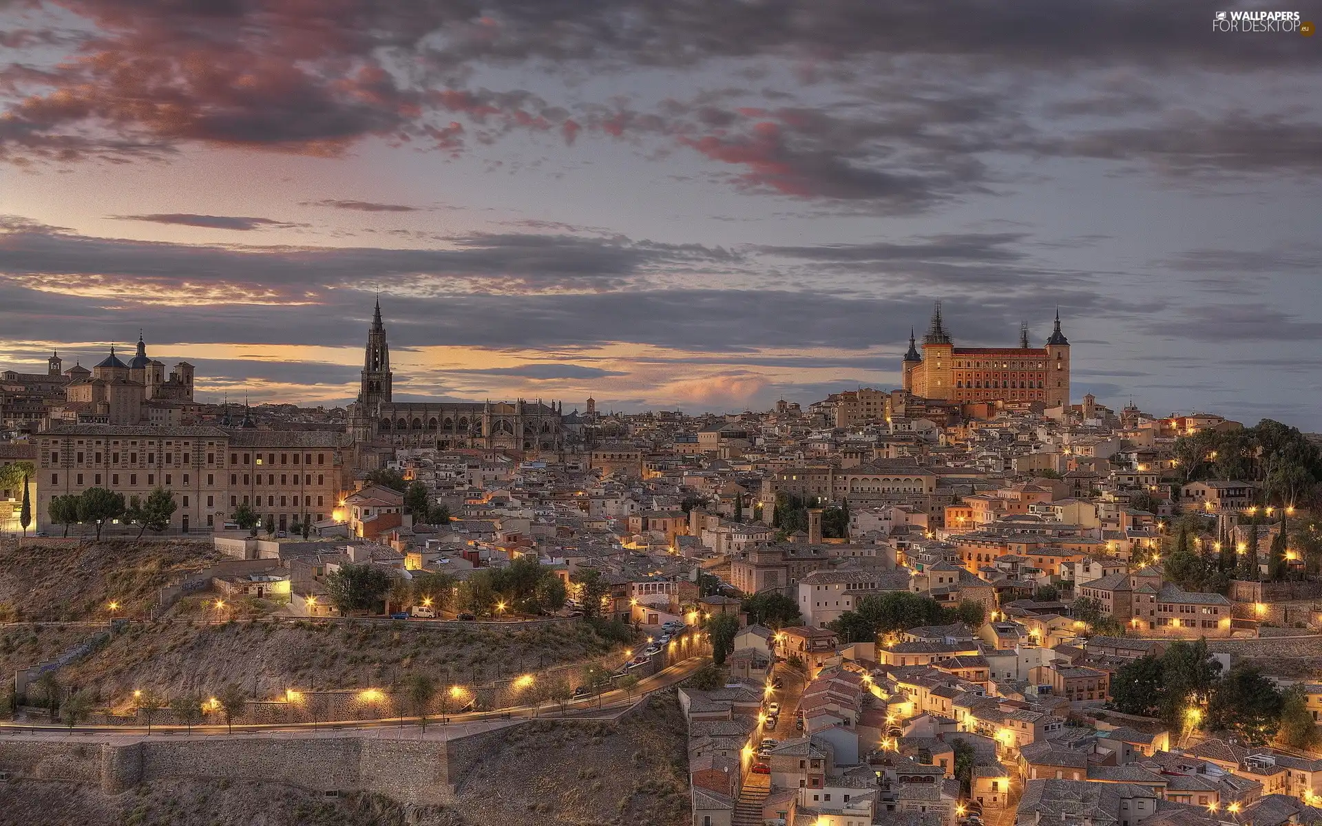 town, Toledo, twilight, Spain, light, panorama