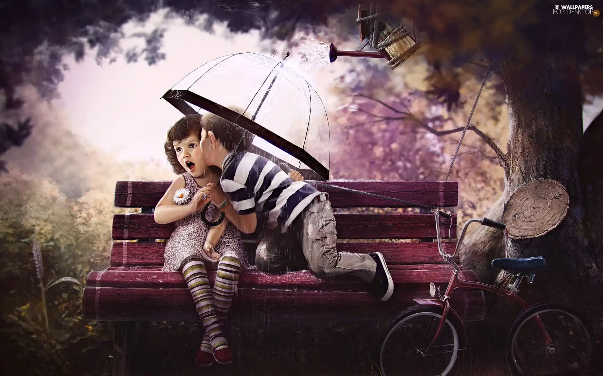 boy, Bench, Umbrella, girl