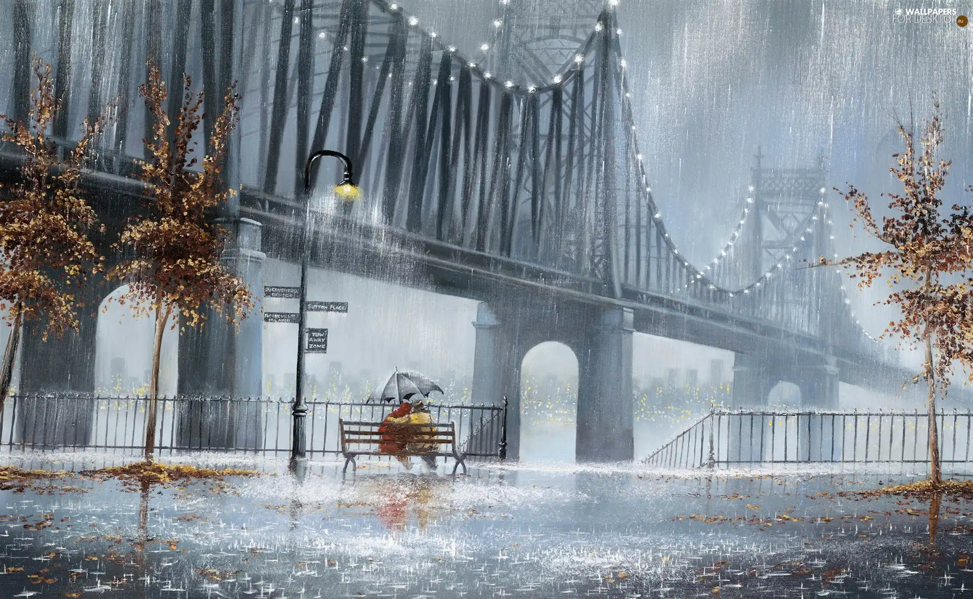 Umbrella, Rain, bridge, lovers, picture