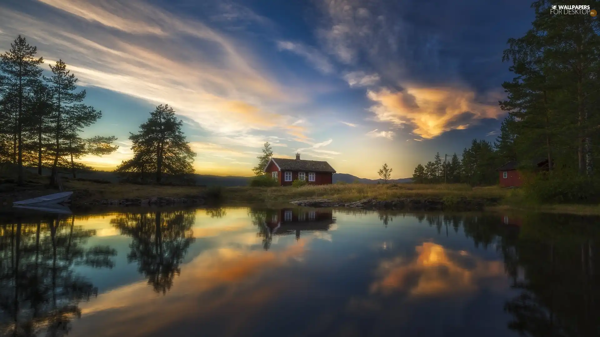 Vaeleren Lake, clouds, Boat, house, Ringerike, Norway, viewes, reflection, trees