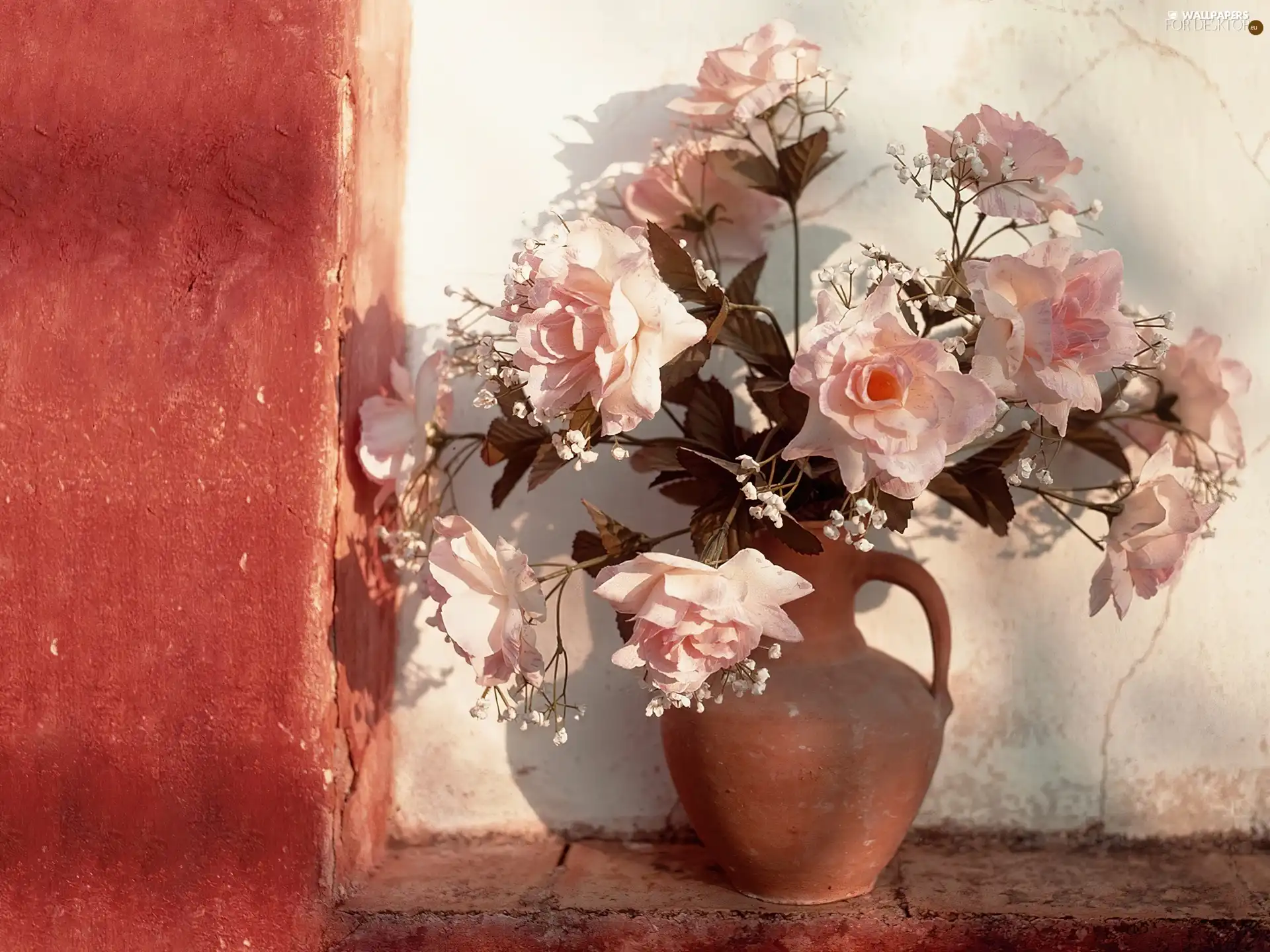 Vase, bouquet, rouge