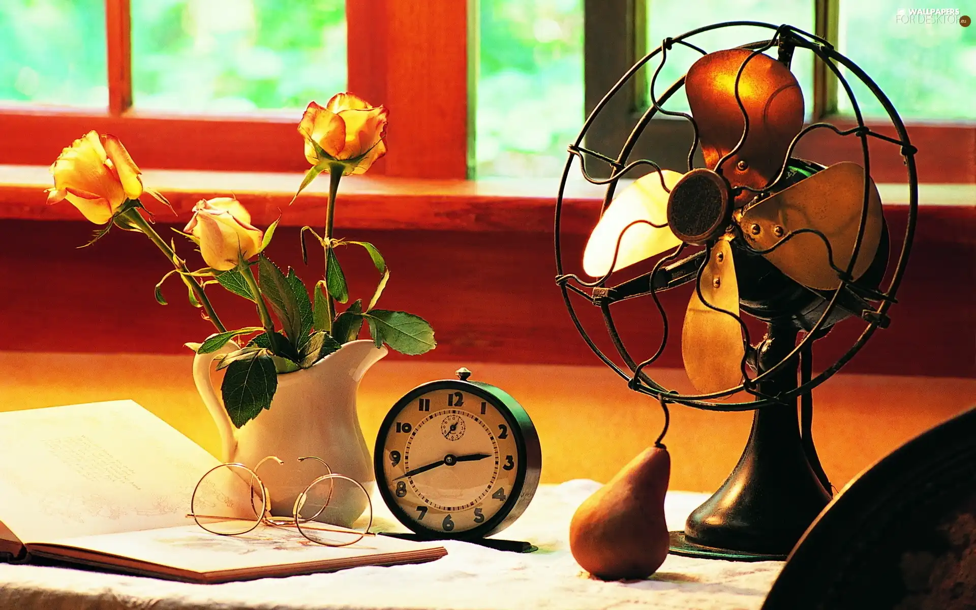 Watch, Book, Vase, ventilator, Flowers, Glasses