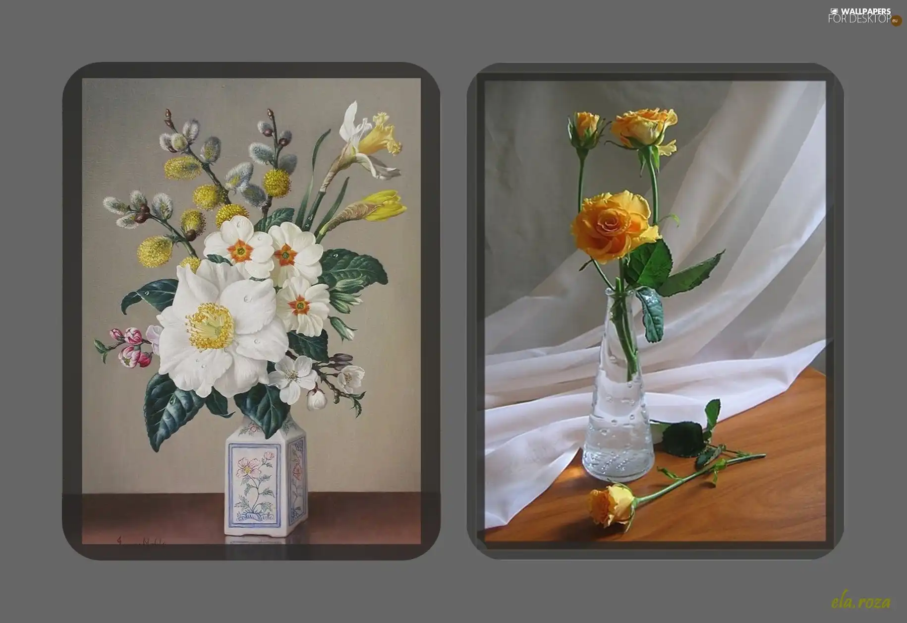 Two cars, Flowers, vases, Paintings