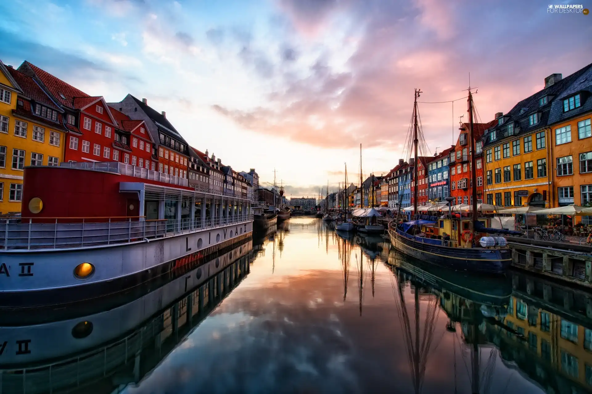 vessels, houses, sun, Nyhavn, west