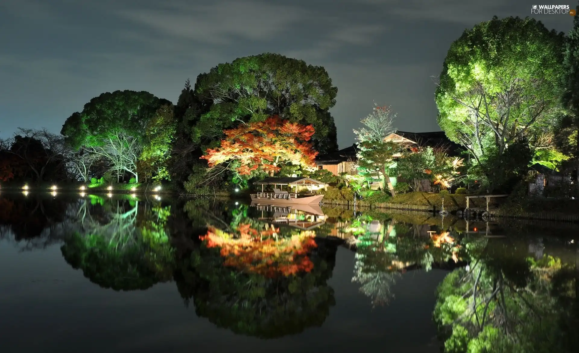 viewes, lighting, bath-tub, trees, lake