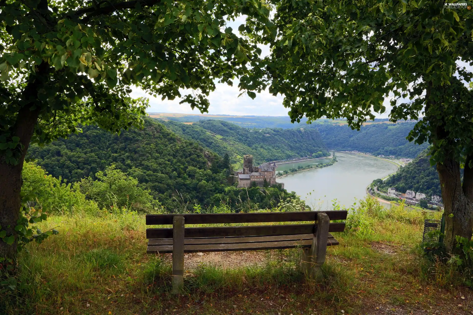 viewes, Bench, Mountains, trees, River