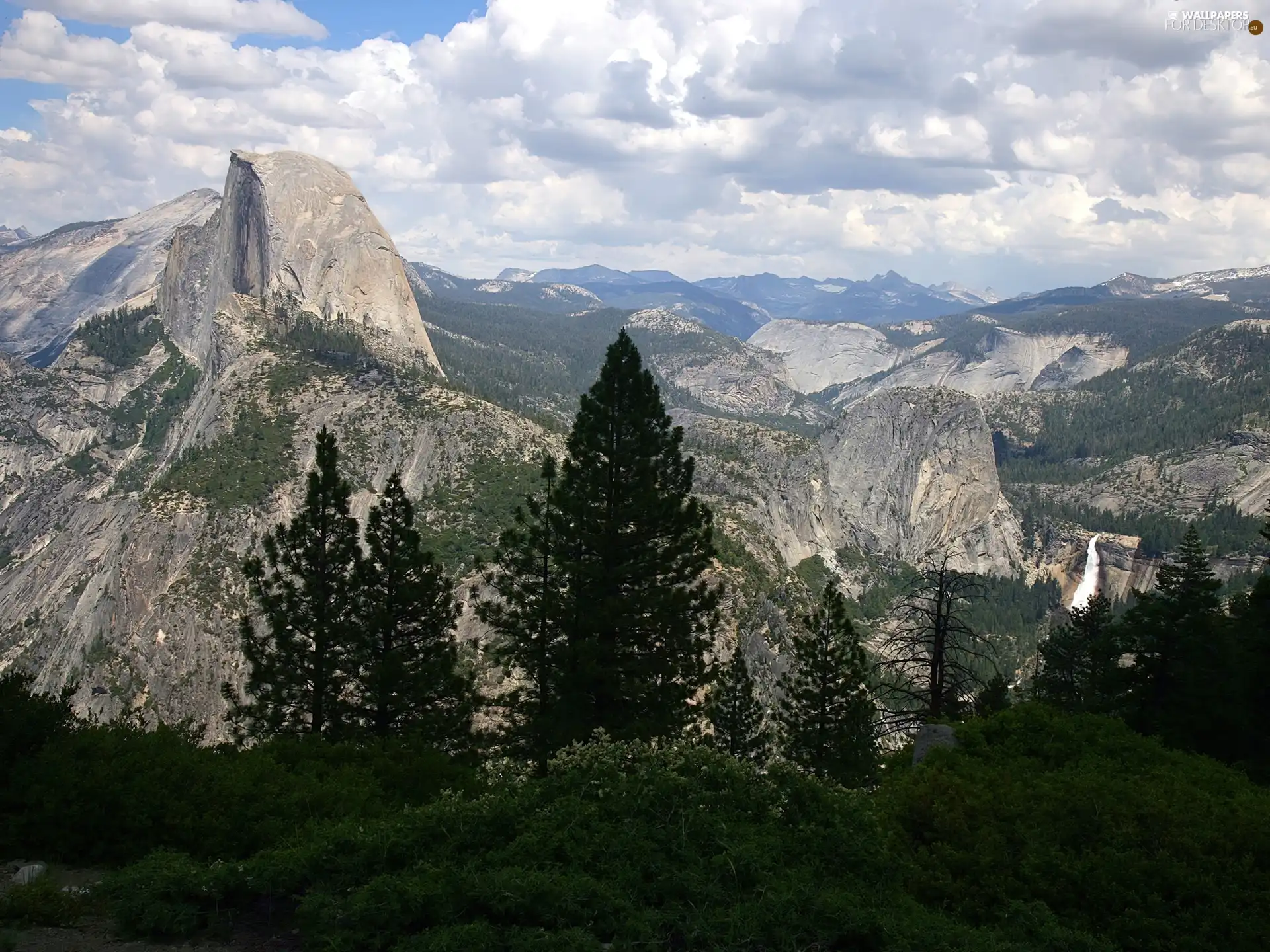 viewes, clouds, Mountains, trees, Stone