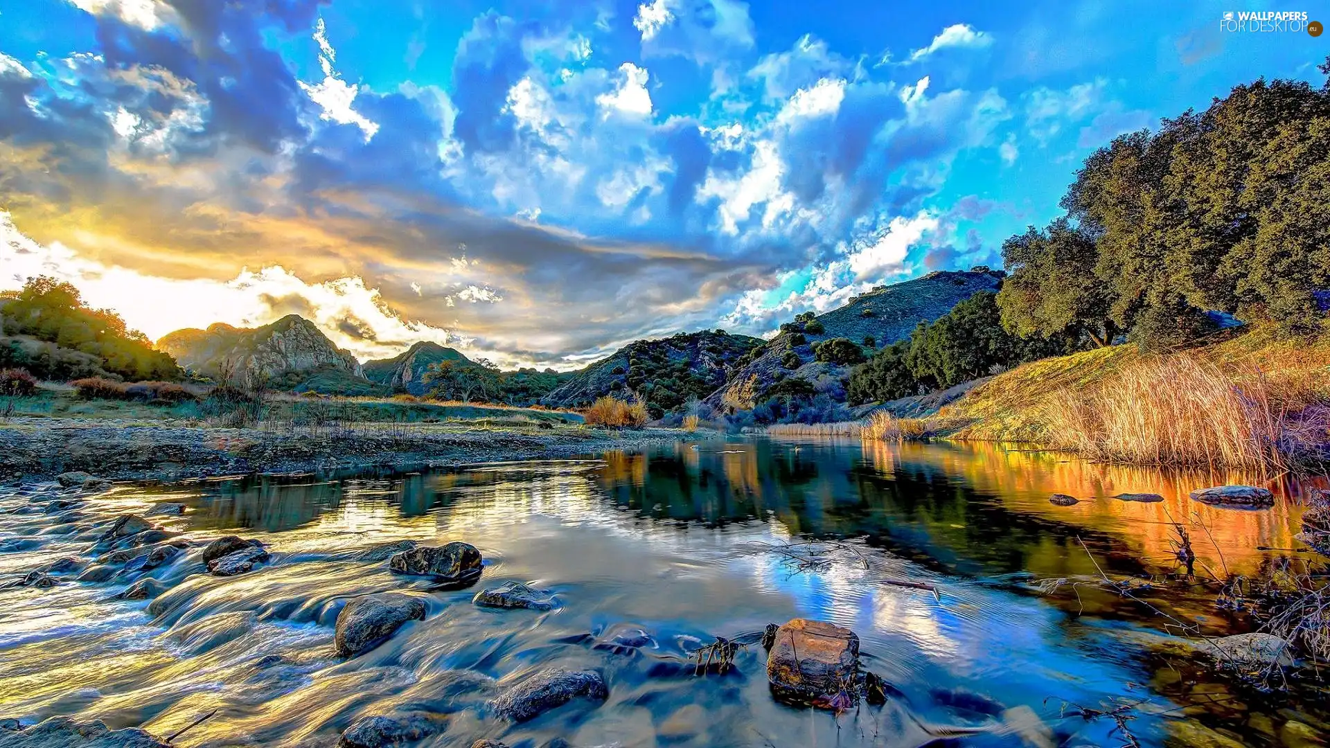 Stones, River, viewes, clouds, trees, Mountains