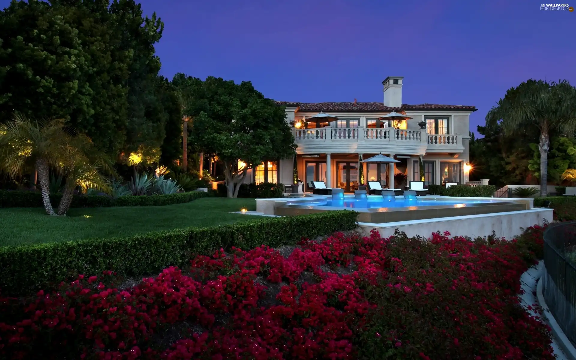 viewes, Flowers, Pool, trees, villa