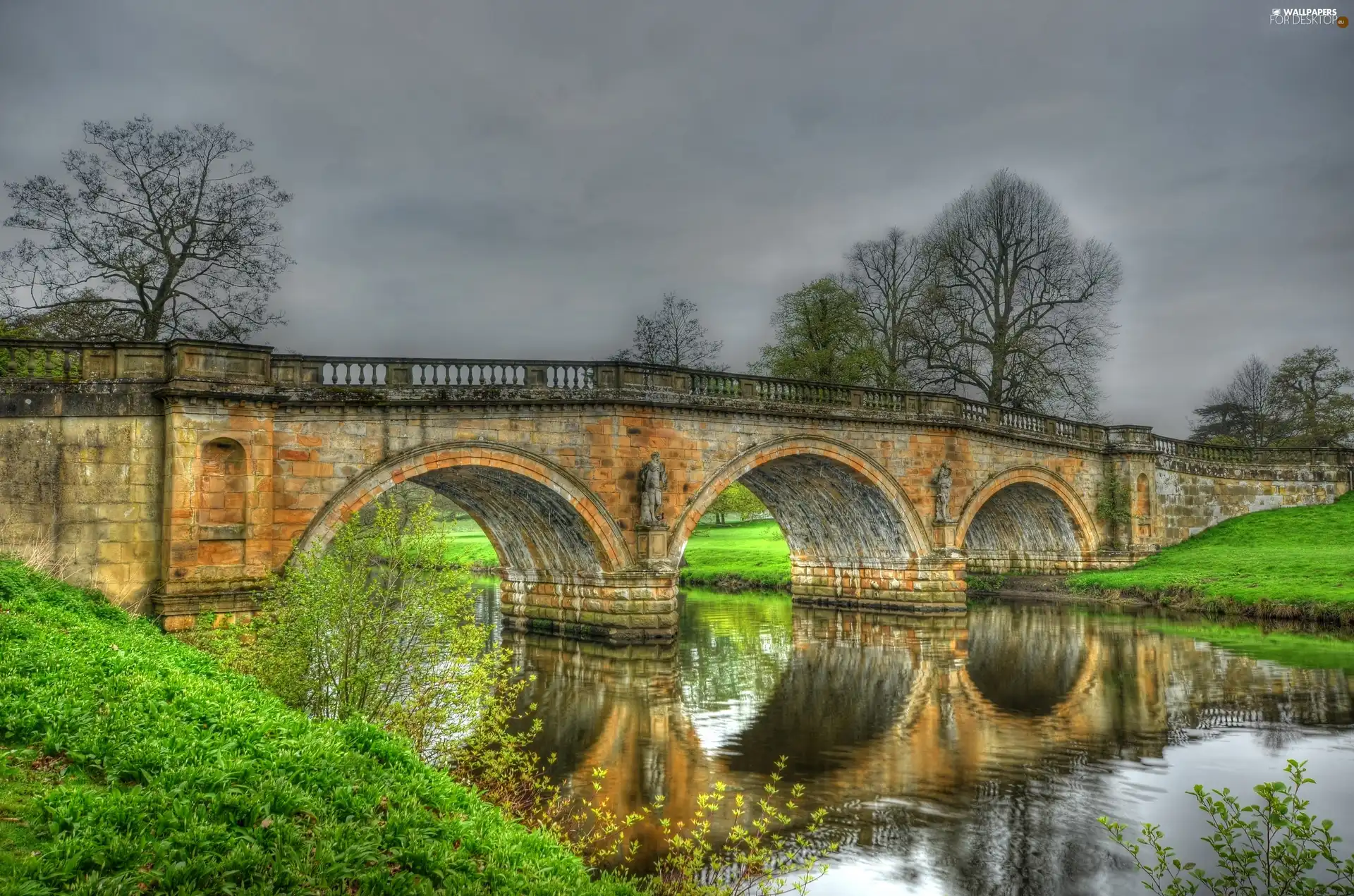 viewes, grass, bridge, trees, River