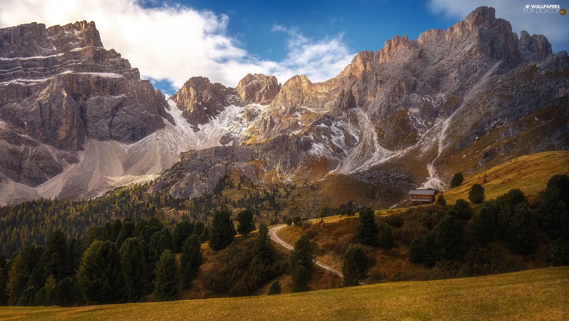 Way, autumn, viewes, grass, trees, Mountains