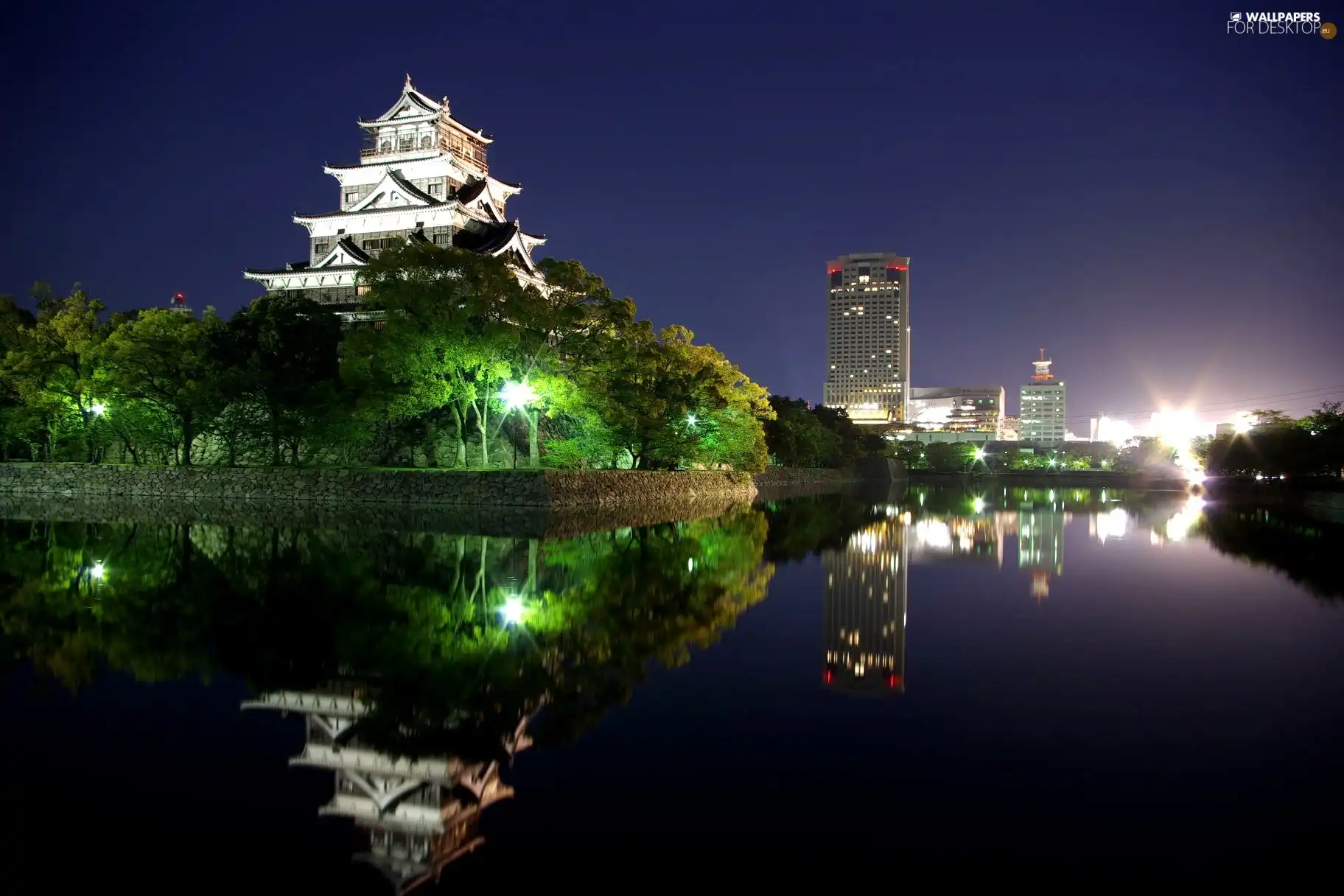 viewes, Hiroshima, water, trees, Hotel hall