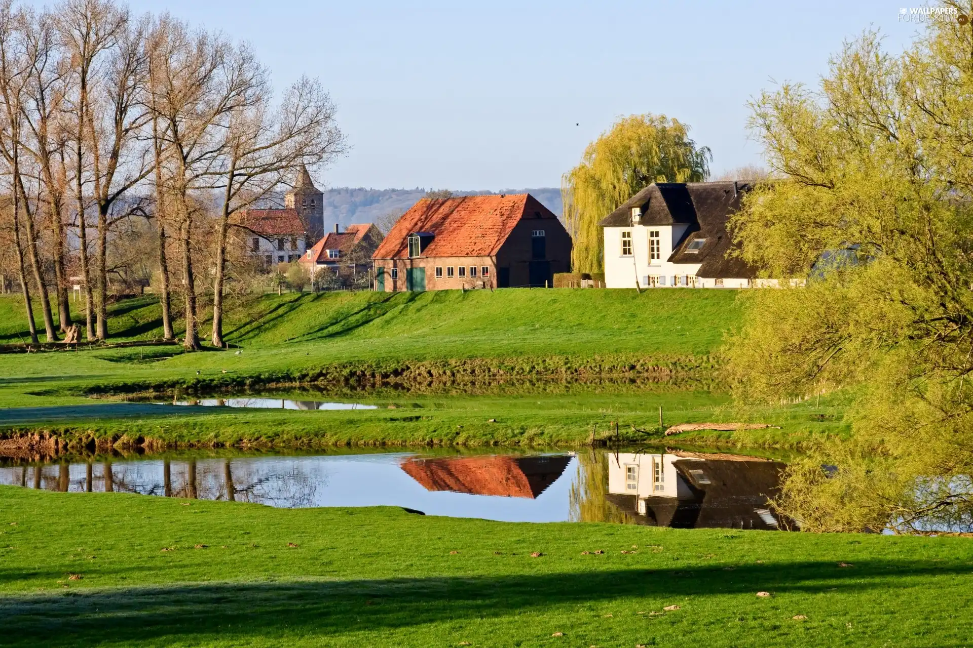 viewes, Houses, Backwaters, trees, country