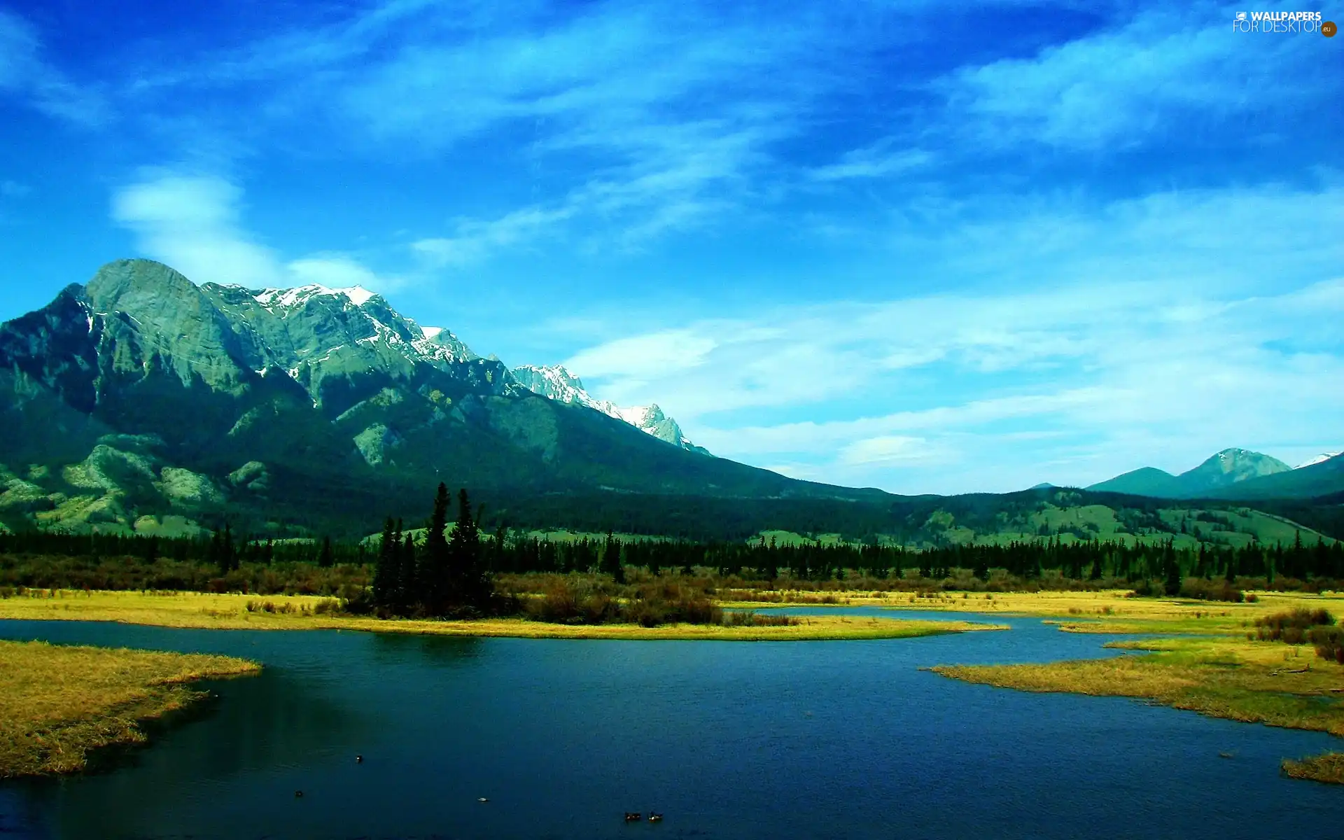 lake, trees, viewes, Mountains