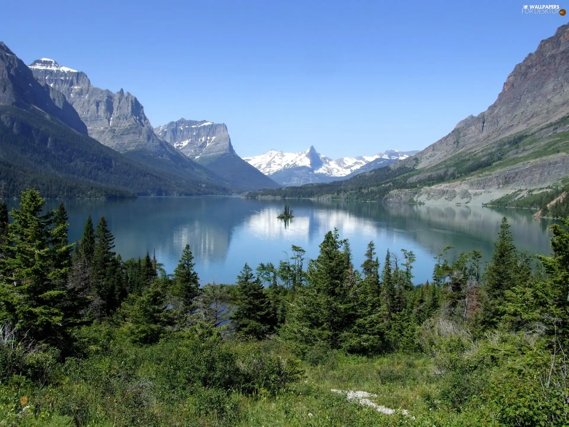 lake, trees, viewes, Mountains